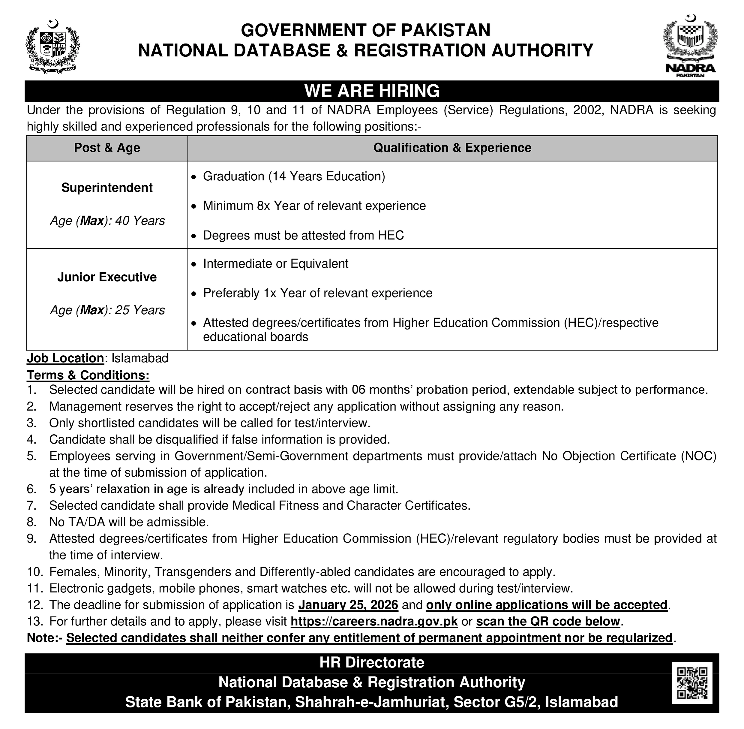 nadra national database registration authority islamabad jobs advertisement