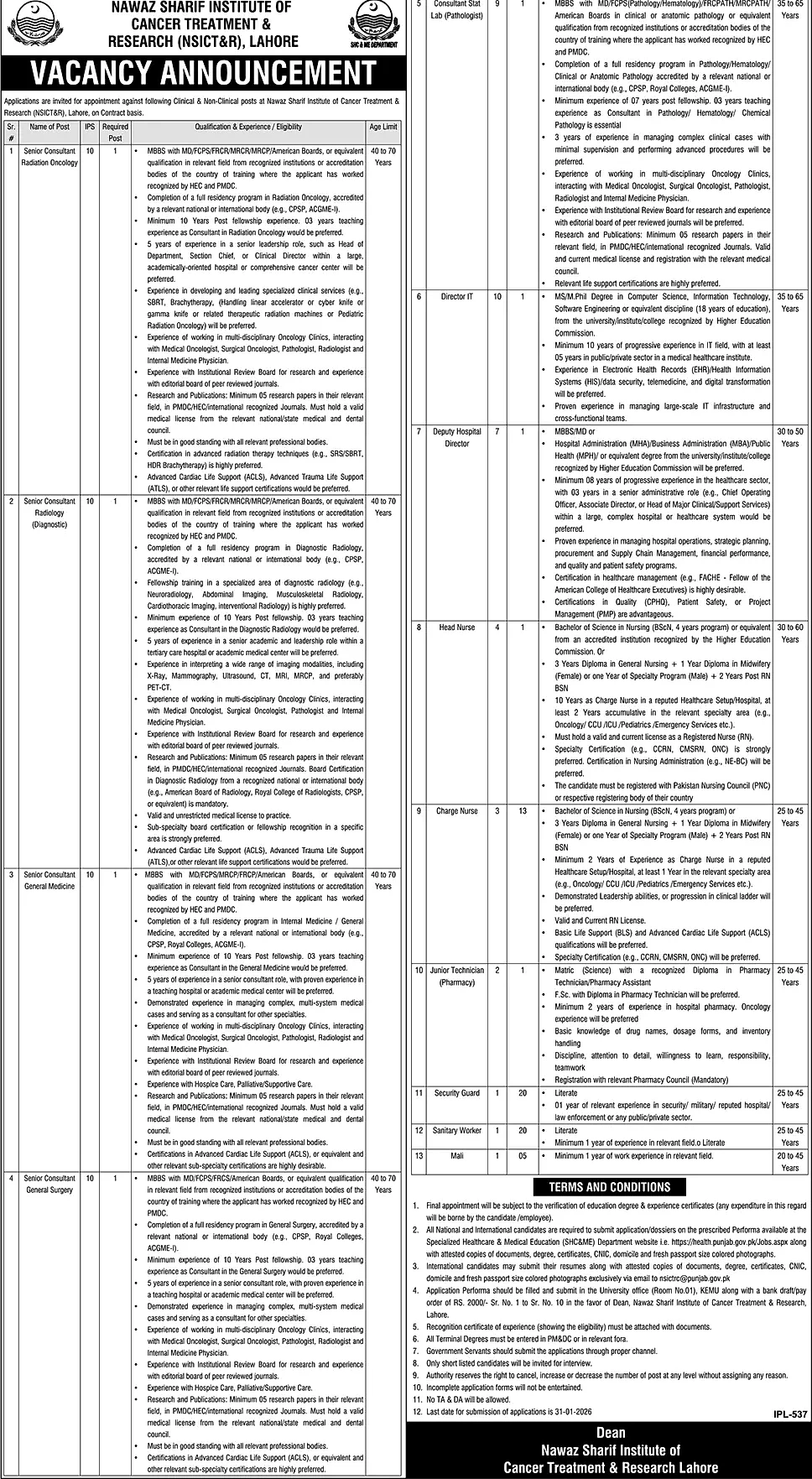 nawaz sharif cancer institute vacancy advertisement, nsict&r job positions