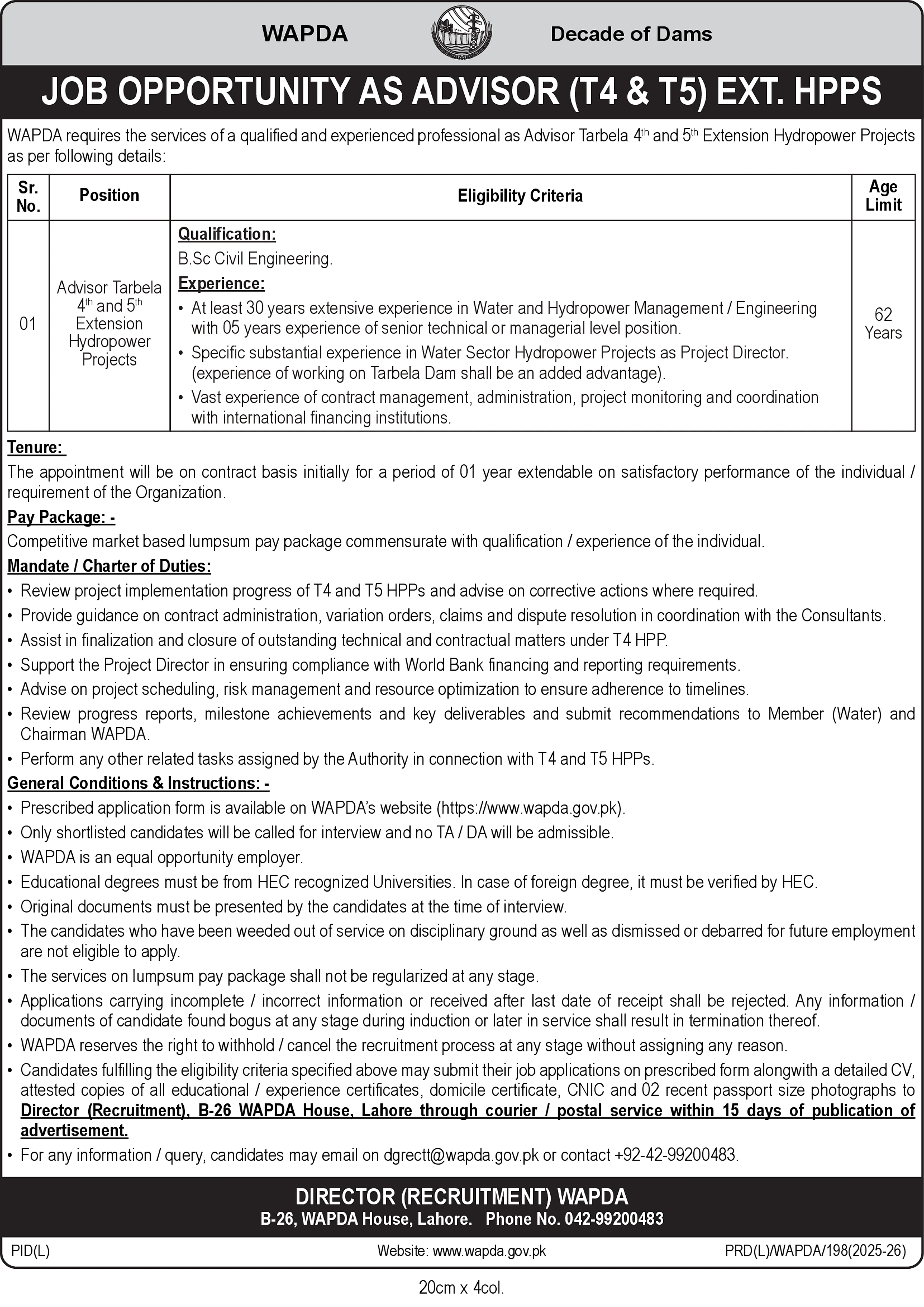 WAPDA advisor tarbela hydropower projects job advertisement, water power development authority senior position 2026