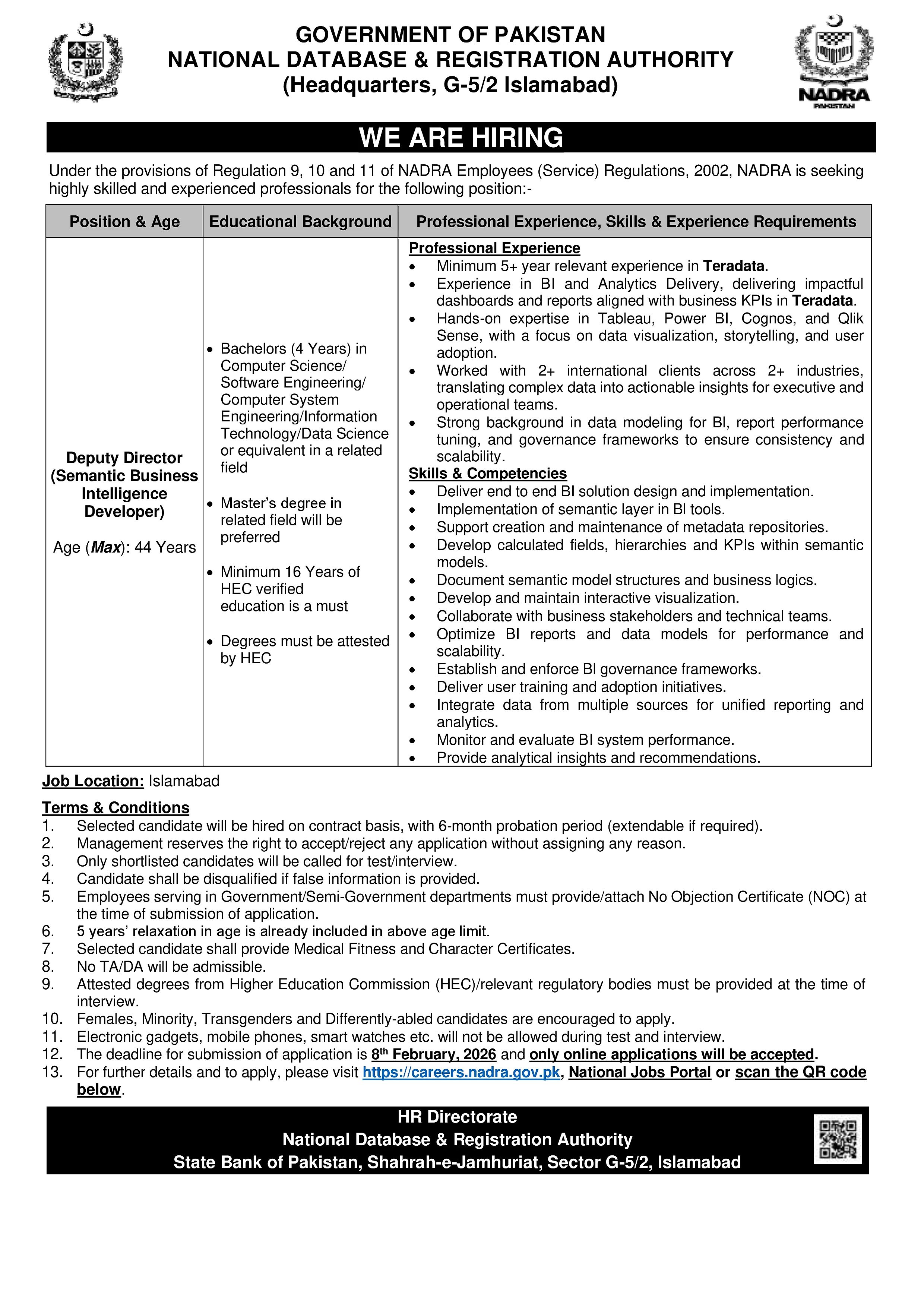nadra deputy director semantic business intelligence developer job advertisement islamabad 2026