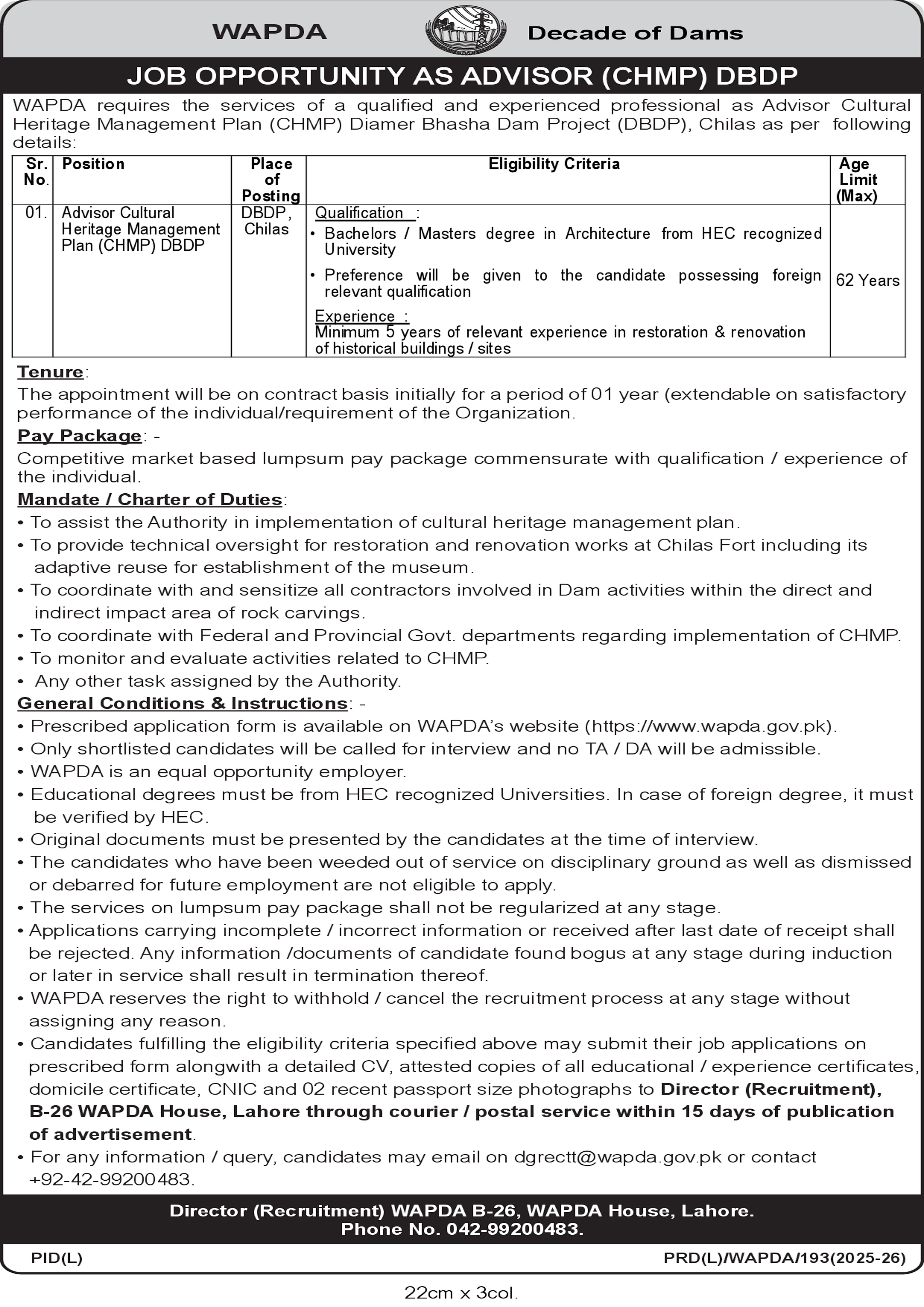 wapda heritage management advisor position chilas, dam project recruitment