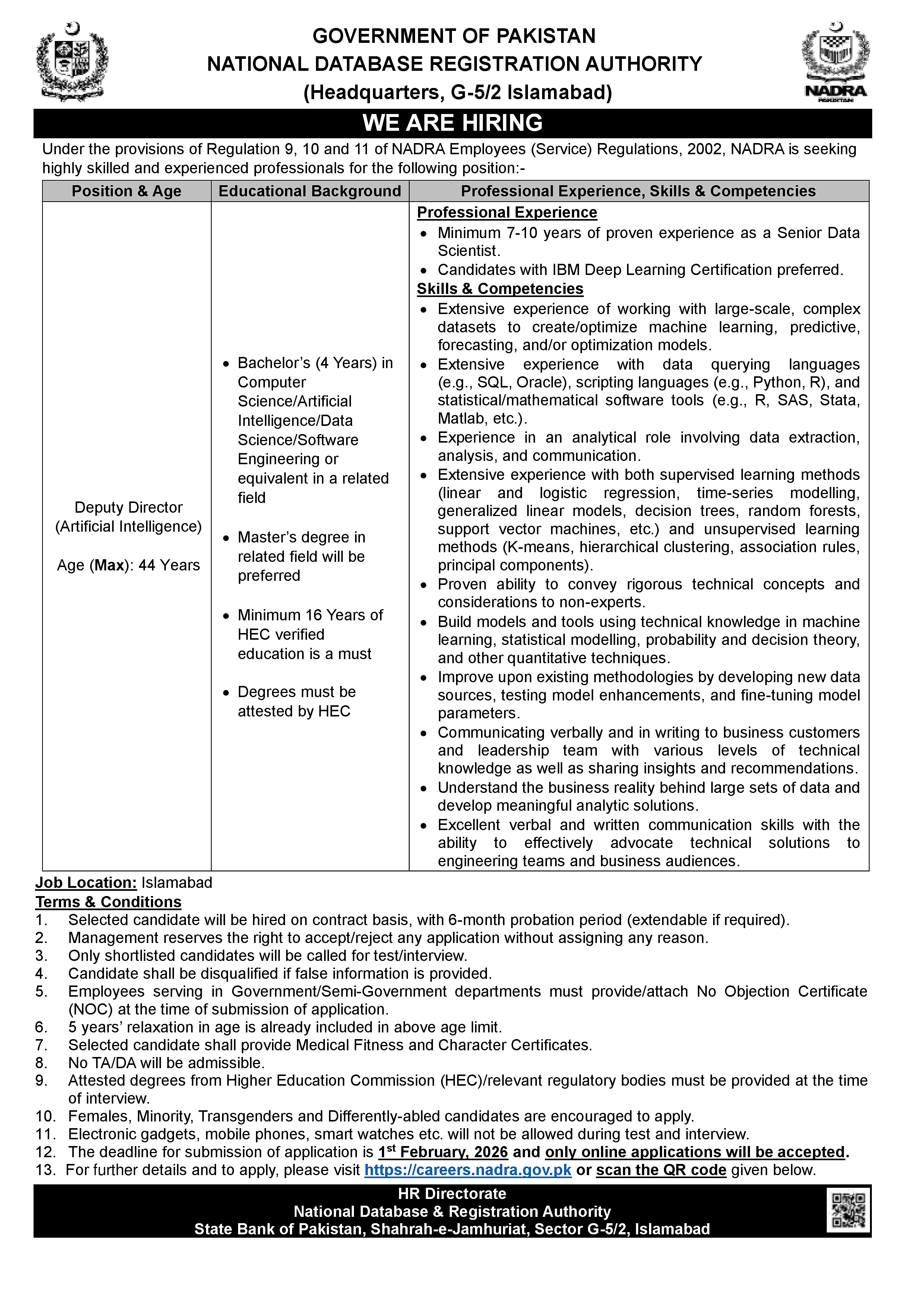 nadra office islamabad, deputy director artificial intelligence vacancy 2026