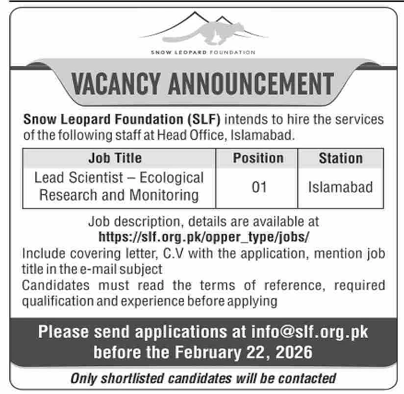 snow leopard foundation office islamabad, lead scientist position
