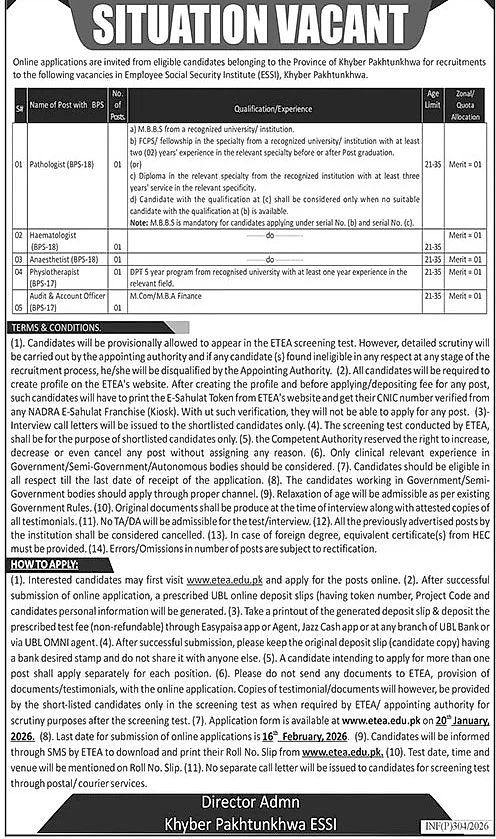 ESSI Khyber Pakhtunkhwa recruitment advertisement