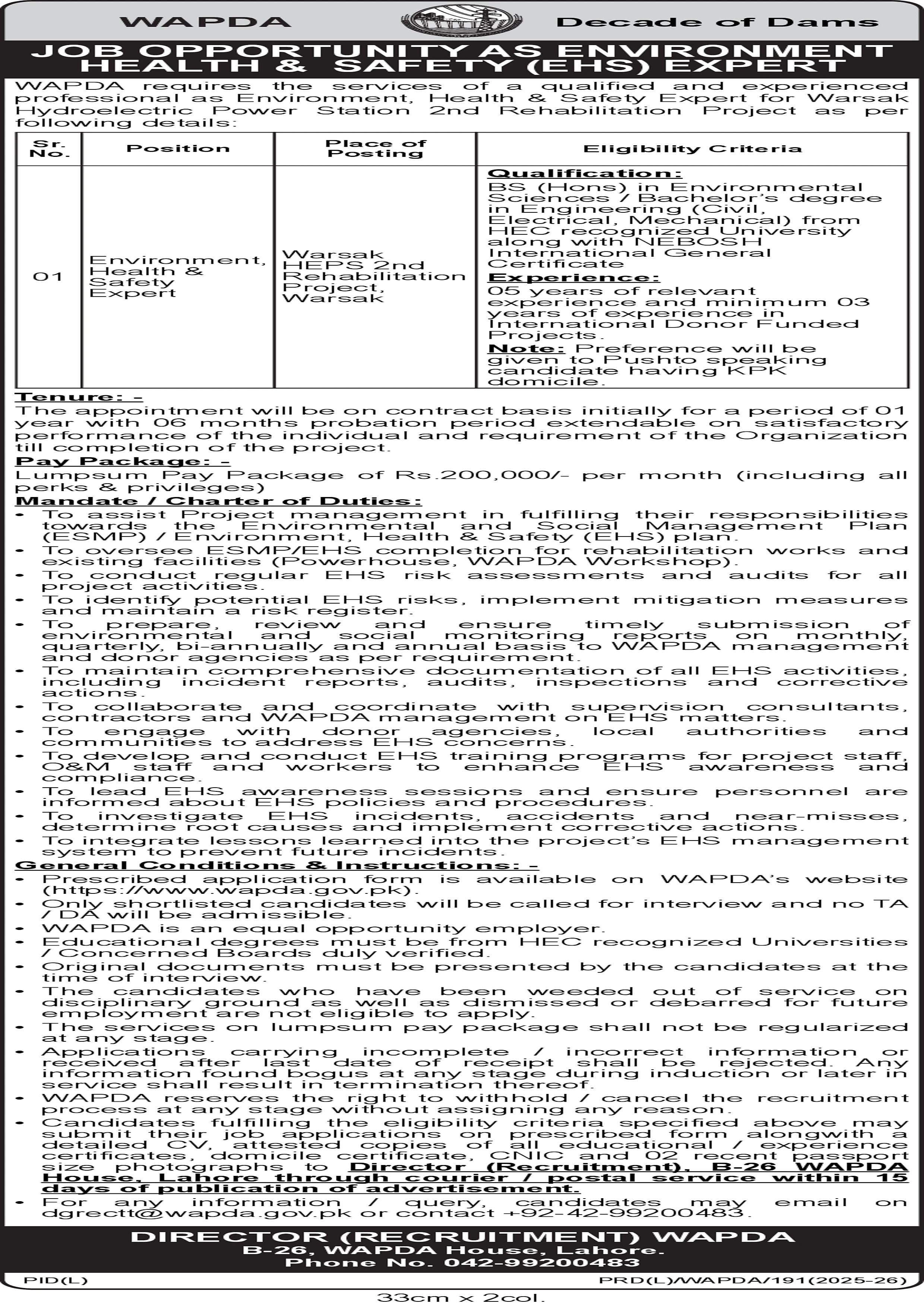WAPDA Environment Health Safety Expert Job Advertisement 2026