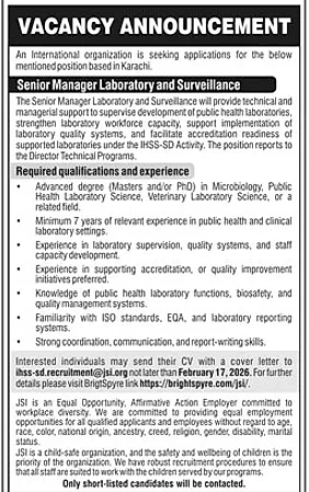 jsi international organization senior manager laboratory and surveillance job vacancy karachi