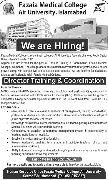 Fazaia Medical College hiring director training coordinator