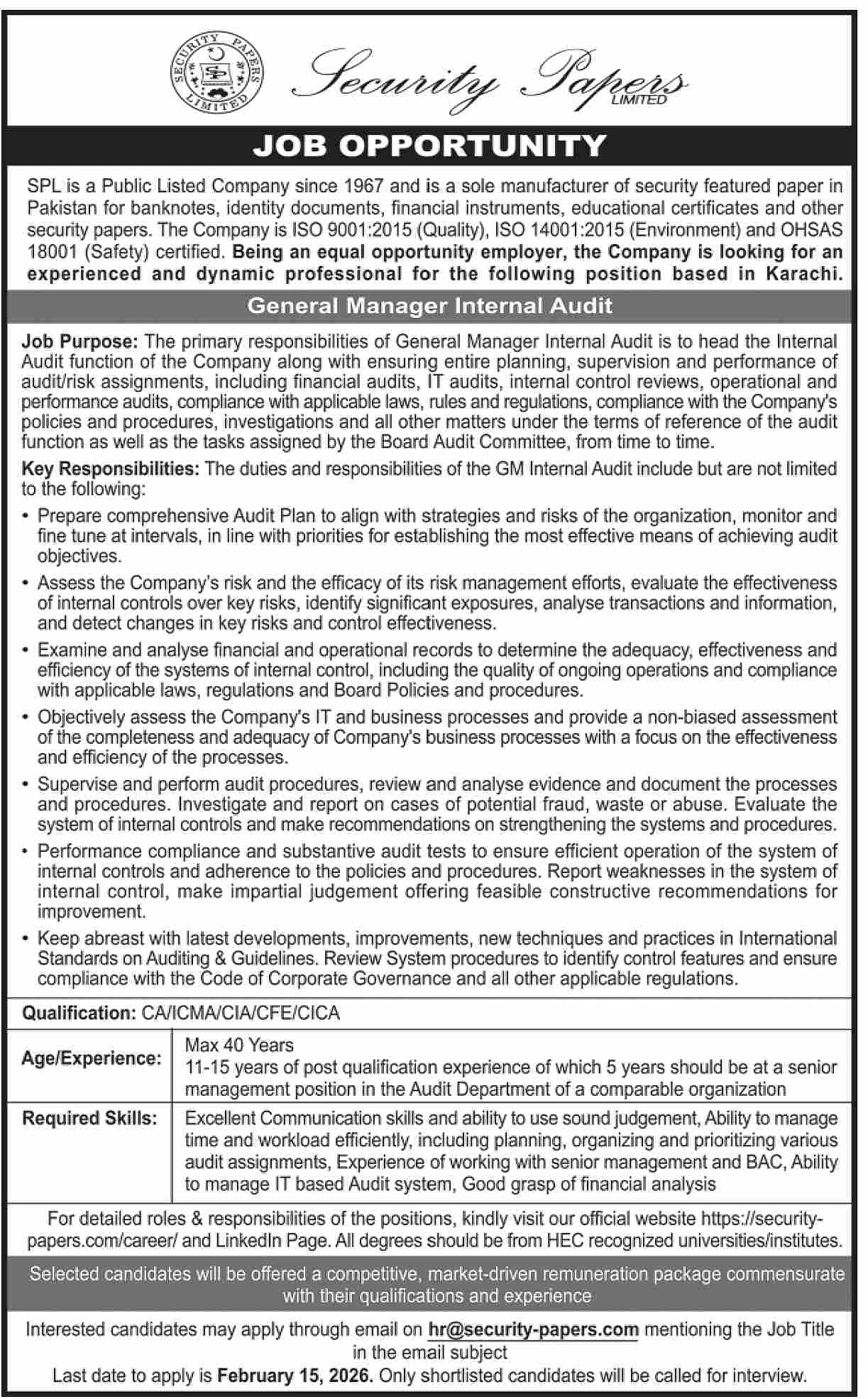 security papers limited job advertisement, general manager internal audit vacancy karachi