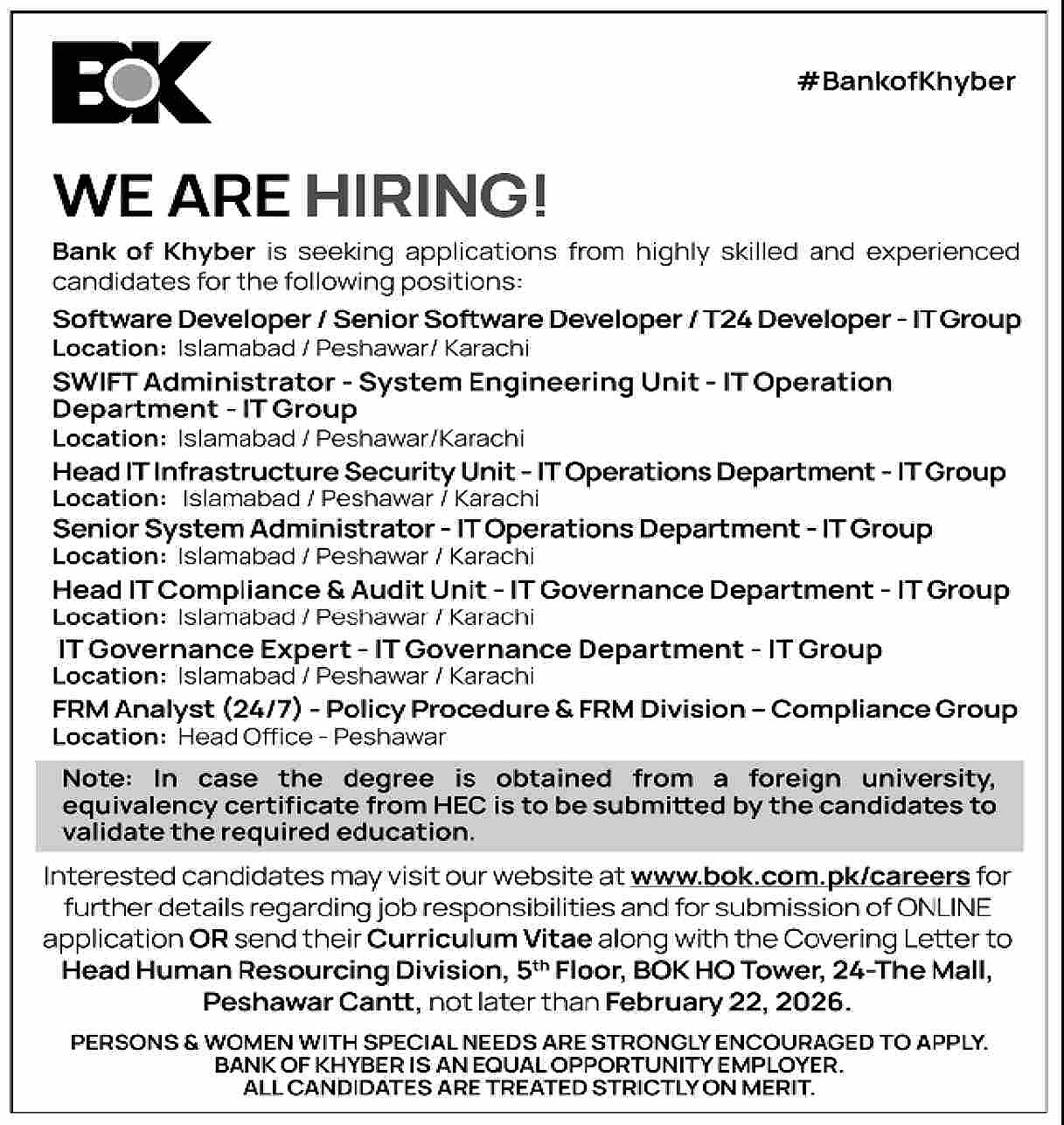 bank of khyber vacancy advertisement, it group hiring