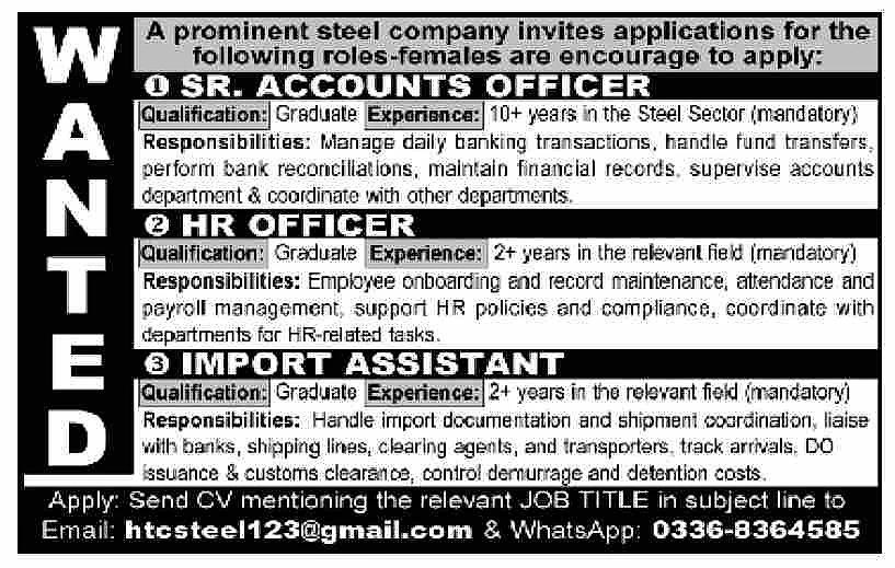 steel company job advertisement, recruitment vacancy