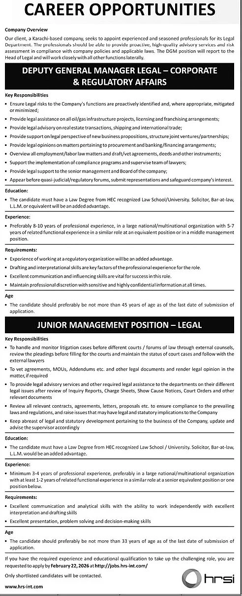 HRS International job advertisement, legal career vacancy