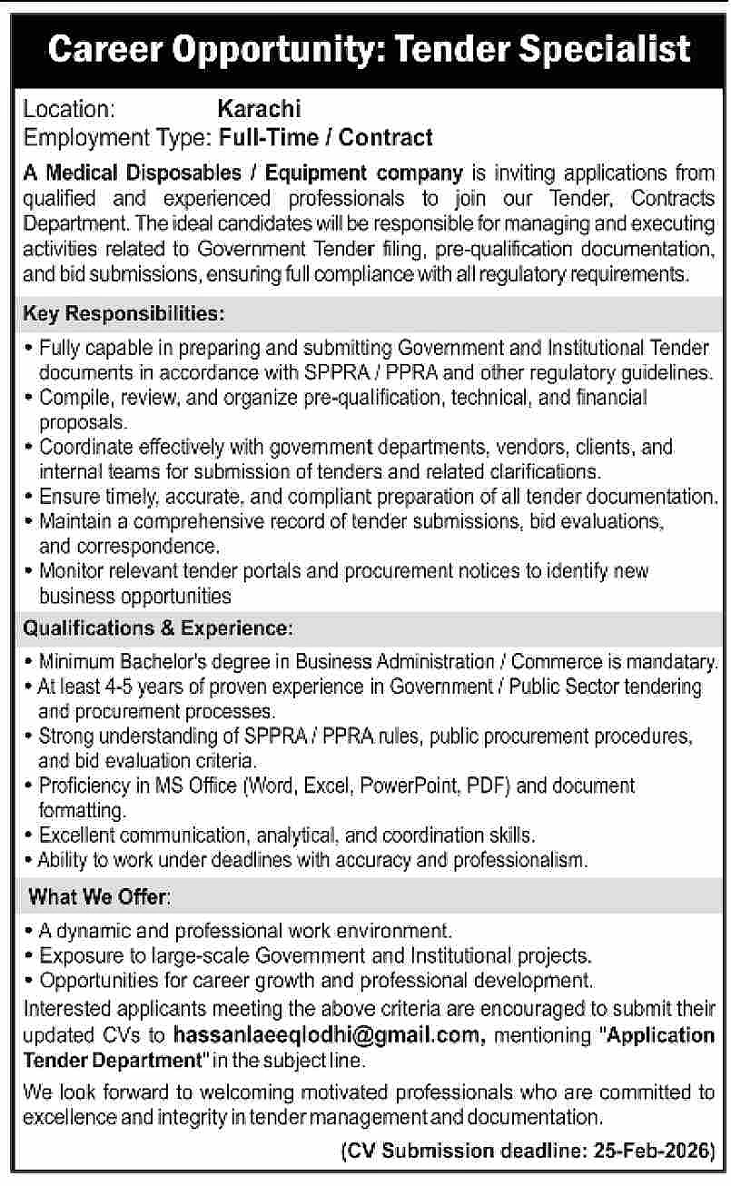 tender specialist vacancy karachi advertisement 2026, medical disposables company tender department job ad