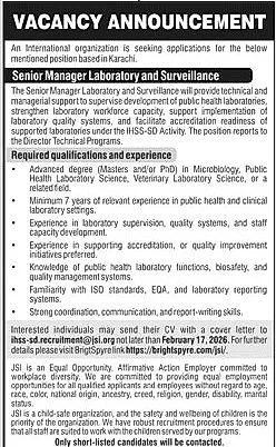 jsi senior manager laboratory and surveillance job advertisement karachi, laboratory professional vacancy ad