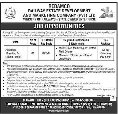 REDAMCO job advertisement islamabad 2026, redamco vacancy associate branding selling rights