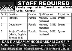 dar e arqam schools quetta faculty advertisement, principal coordinator subject teacher vacancy quetta
