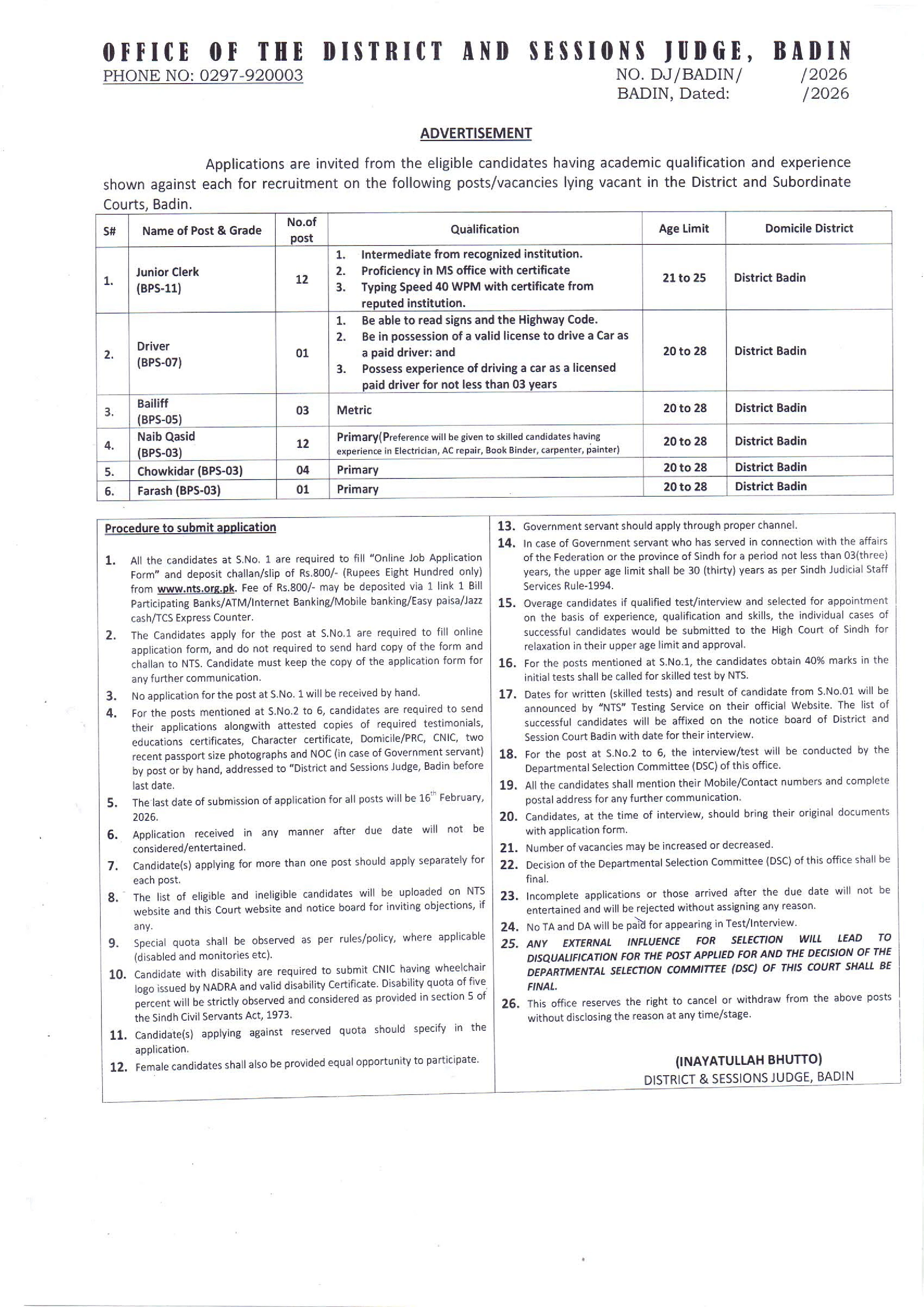district and sessions judge badin advertisement