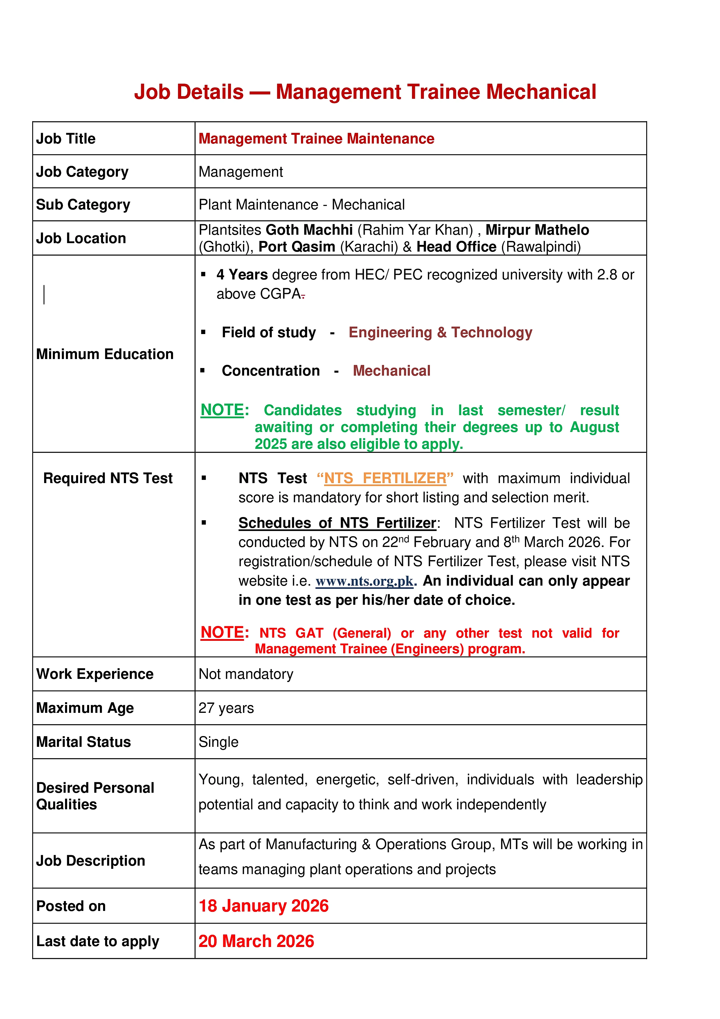 management trainee mechanical vacancy, plant maintenance job