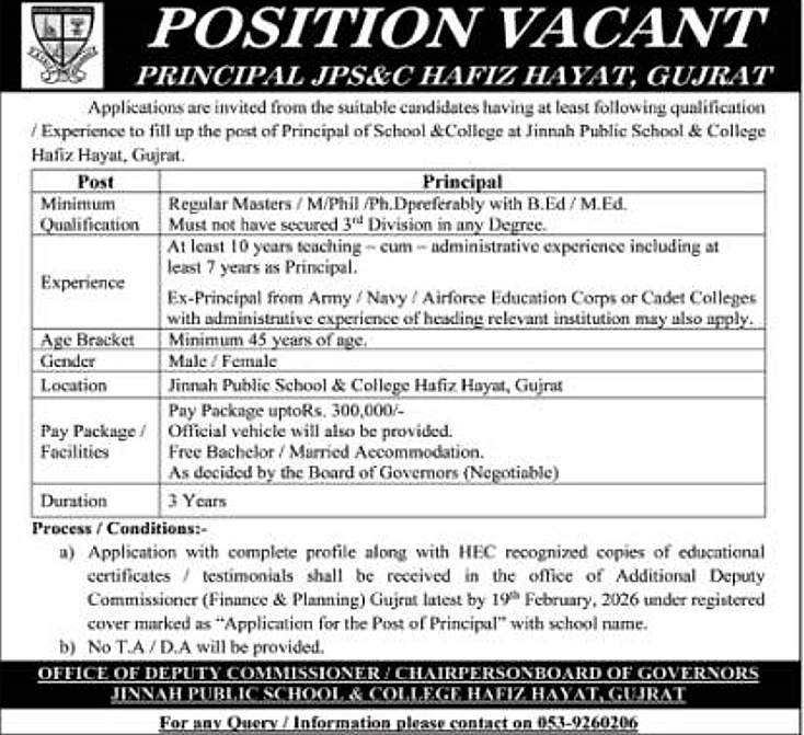 principal job vacancy gujrat, jinnah public school principal position