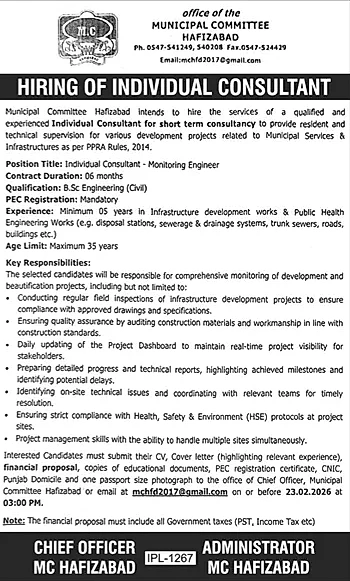 Municipal Committee Hafizabad monitoring engineer job advertisement