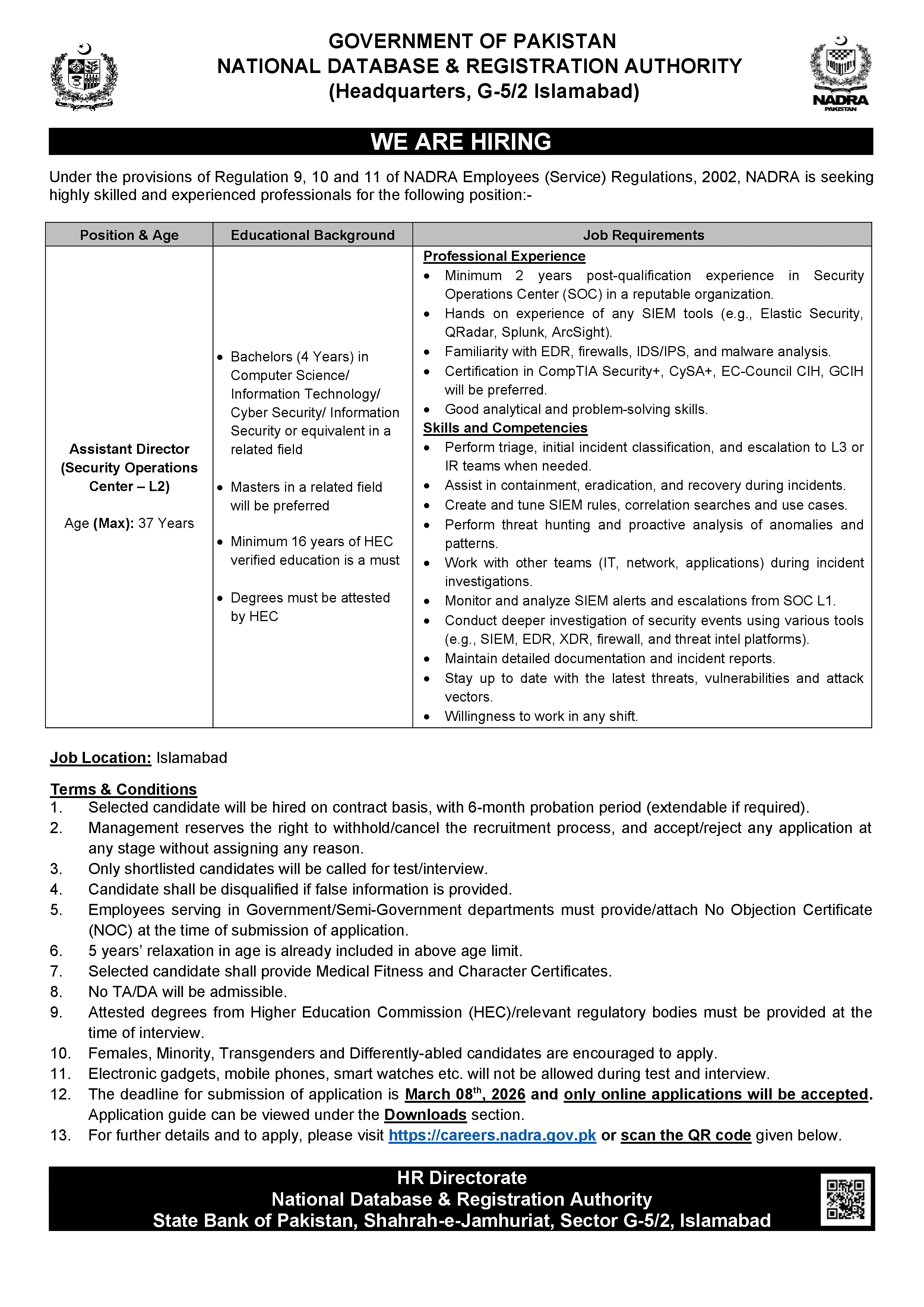 nadra assistant director vacancy islamabad, government sector security operations center position