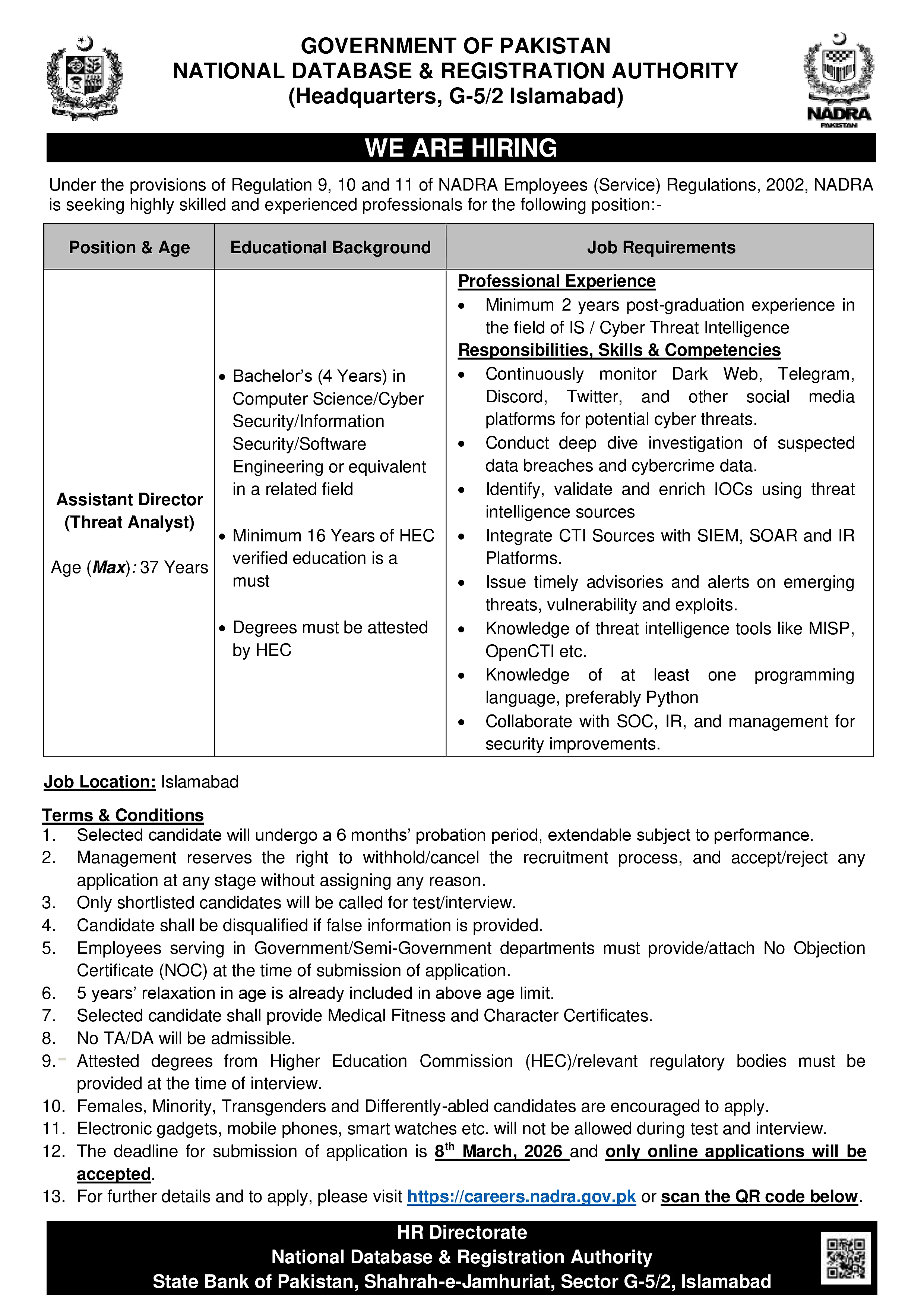 nadra cybersecurity job advertisement threat analyst position, government hiring 2026