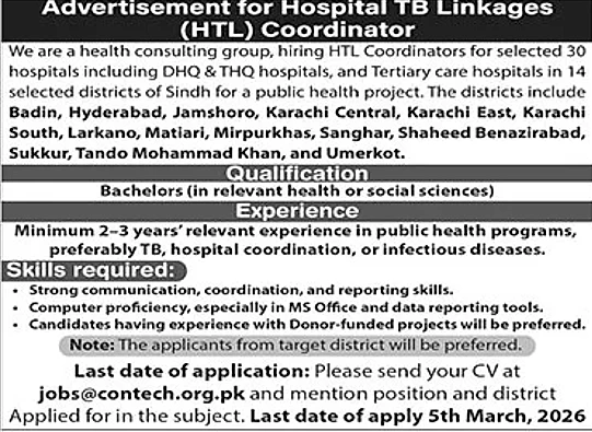 contech hospital tb linkages coordinator vacancy, sindh healthcare jobs