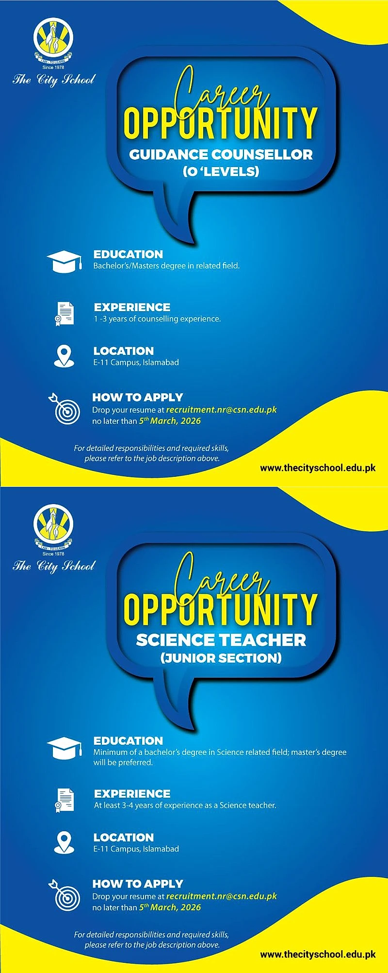 city school guidance counsellor science teacher job vacancy islamabad