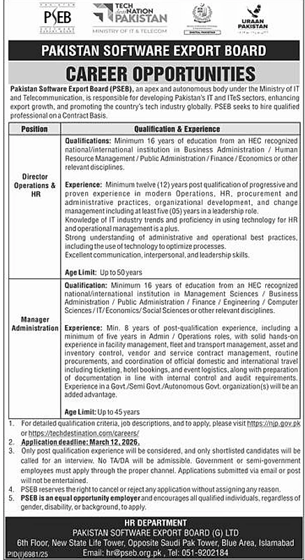 PSEB vacancy advertisement, PSEB Islamabad career opportunities