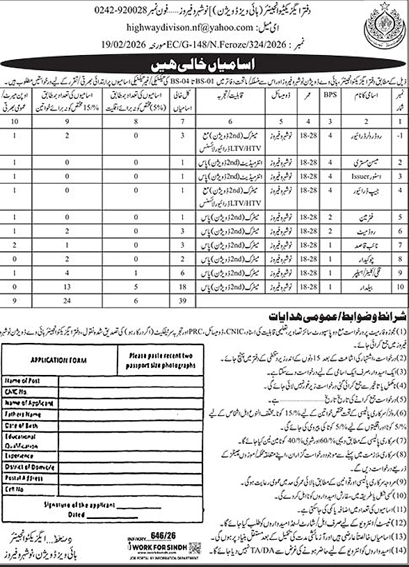 highway division naushahro feroze job vacancies, driver jobs advertisement
