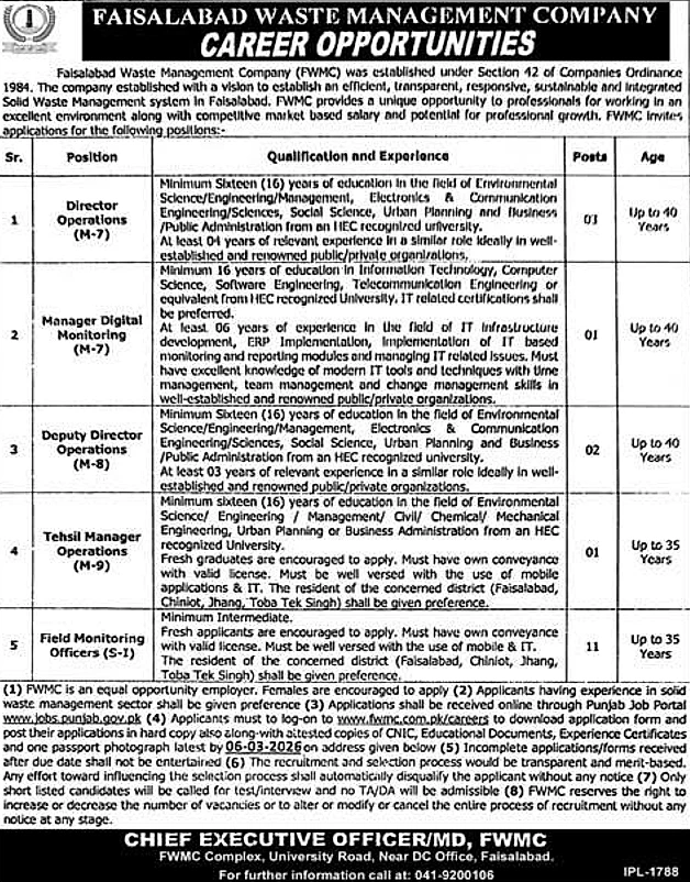 fwmc job advertisement 2026, faisalabad waste management company recruitment