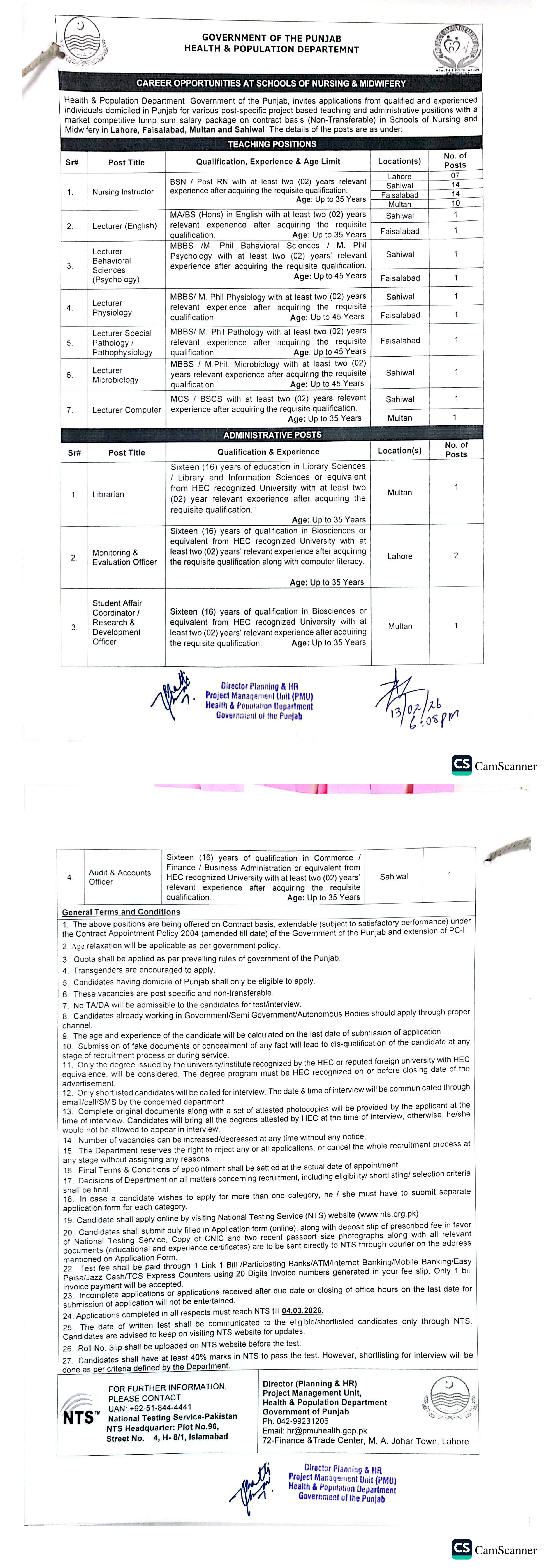 government of the punjab health department teaching jobs 2026, nursing instructor lecturer positions