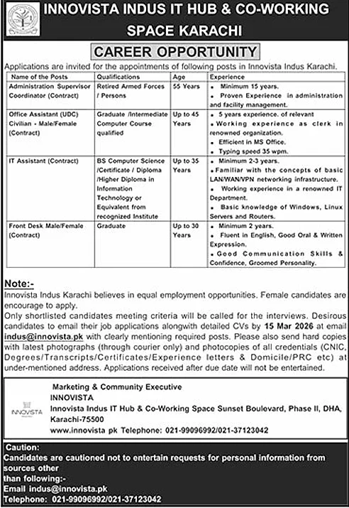 INNO VISTA INDUS career opportunities in Karachi Pakistan 2026