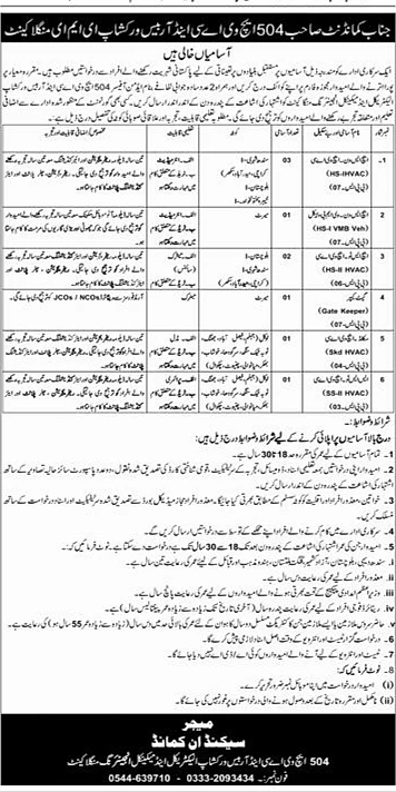 504 HVAC workshop Mangla Cantt job advertisement