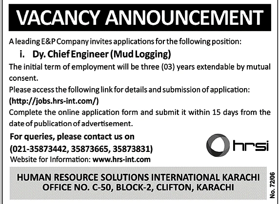 deputy chief engineer mud logging vacancy advertisement