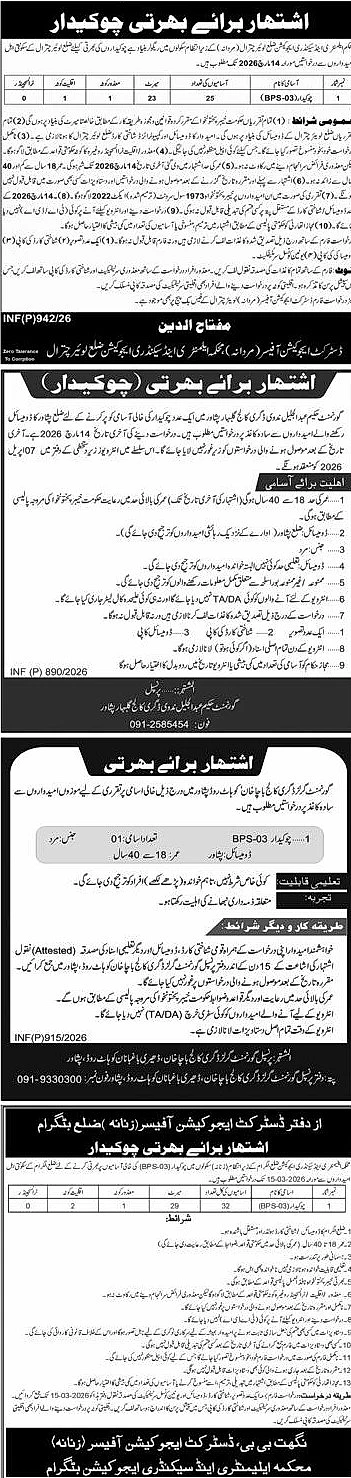 Lower Chitral Chowkidar Recruitment 2026 Government Education Department Job Advertisement
