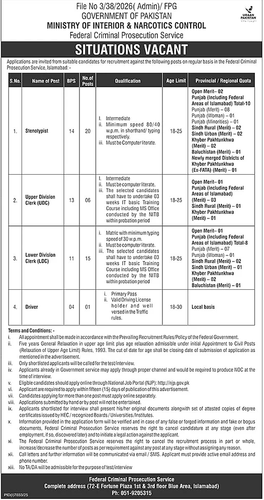 Federal Criminal Prosecution Service vacancies, government jobs Islamabad