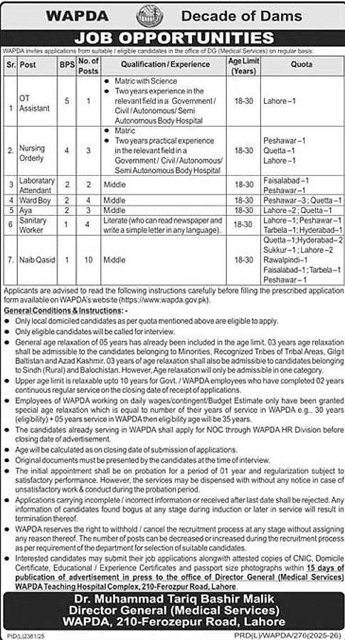 wapda jobs advertisement, medical services recruitment notice