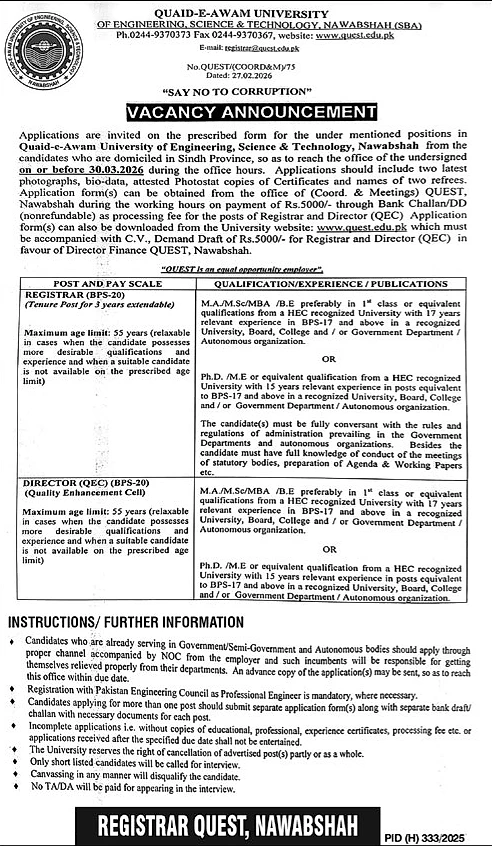quest nawabshah university jobs 2026, registrar director recruitment