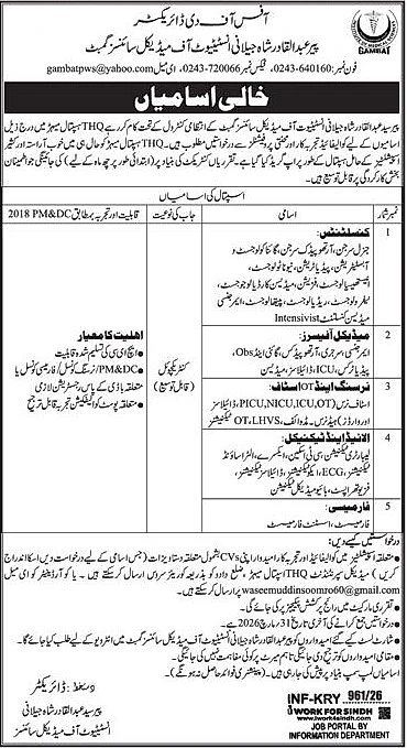 Pir Abdul Qadir Shah Jilani Institute of Medical Sciences Jobs 2026