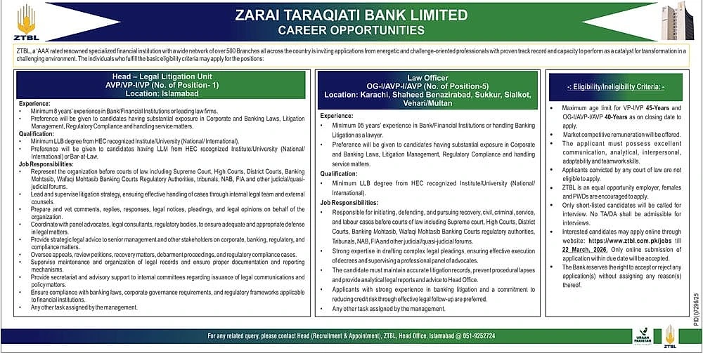 ztbl zarai taraqiati bank jobs advertisement 2026, legal positions banking career