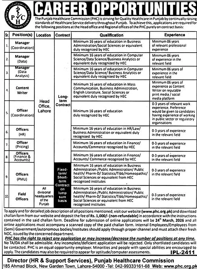 Punjab Healthcare Commission job advertisement 2026