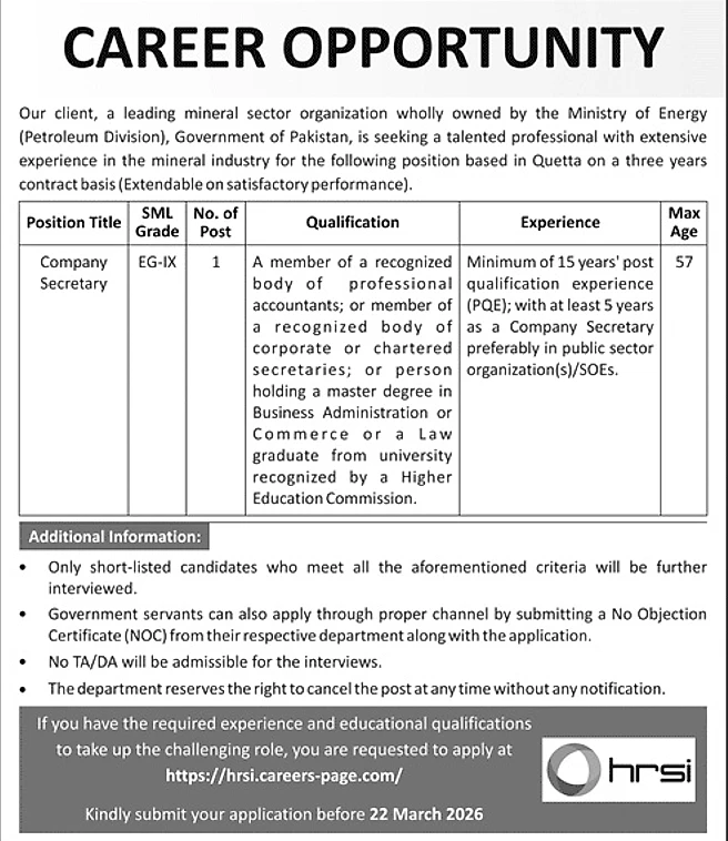 HRSI Company Secretary Job Advertisement Quetta 2026