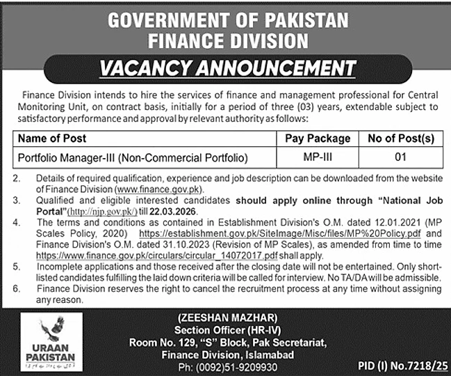 Finance Division Portfolio Manager Job Advertisement Islamabad 2026