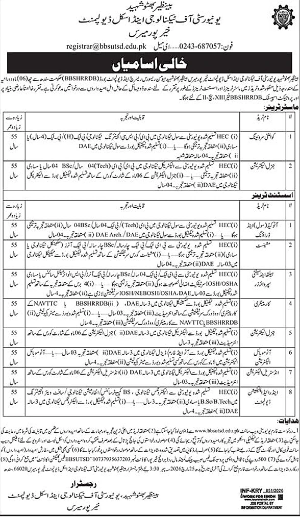 Benazir Bhutto Shaheed University BBSUTSD Master Assistant Trainers Recruitment 2026 Khairpur
