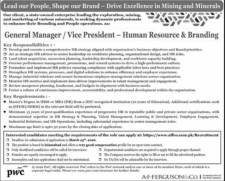 A.F. FERGUSON General Manager HR Branding vacancy 2026 Islamabad