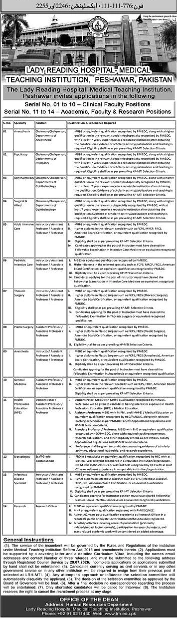 lrh medical faculty jobs peshawar, lady reading hospital peshawar careers