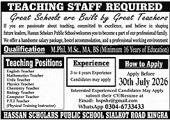 hassan scholars public school sialkot, teaching staff required sialkot