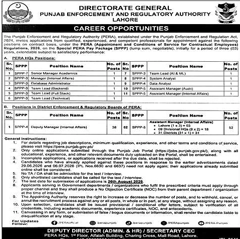 pera jobs lahore 2026, pera careers lahore