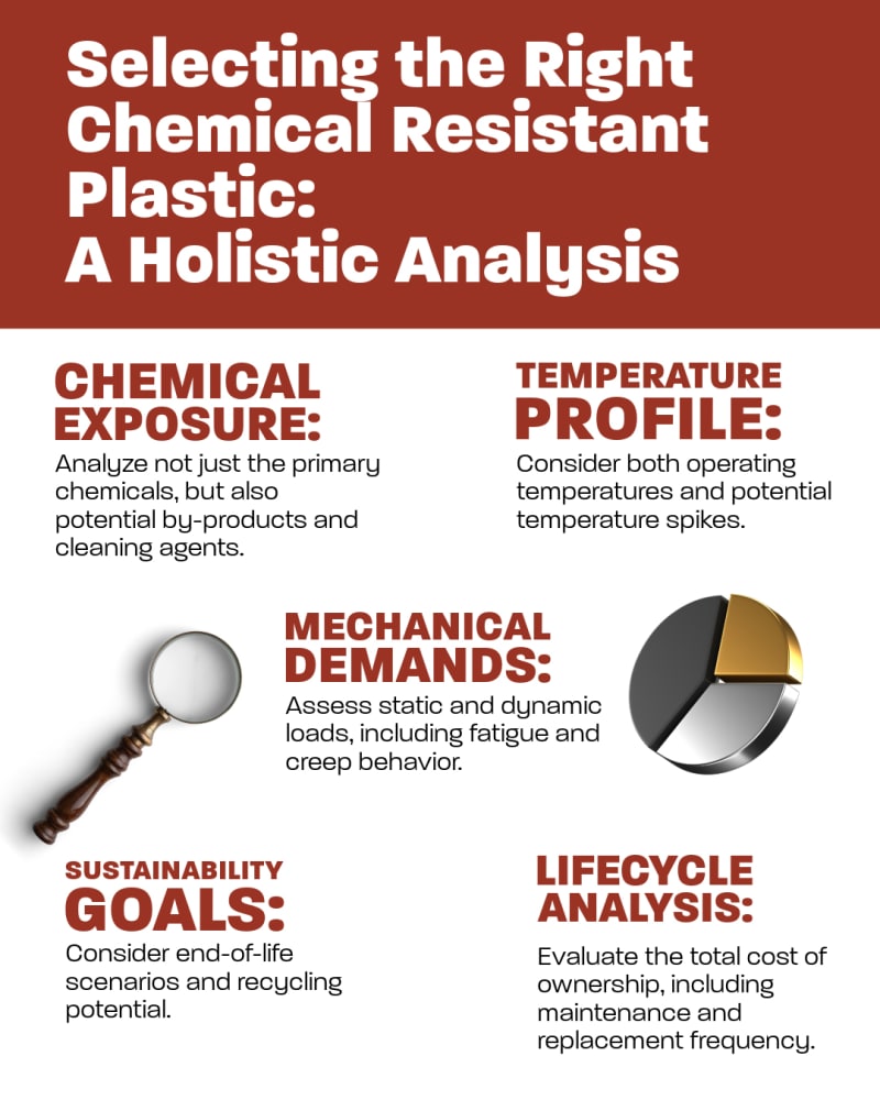 Chemical resistant plastic selection guide comparing PTFE, PEEK, PVDF, PP, and HDPE
