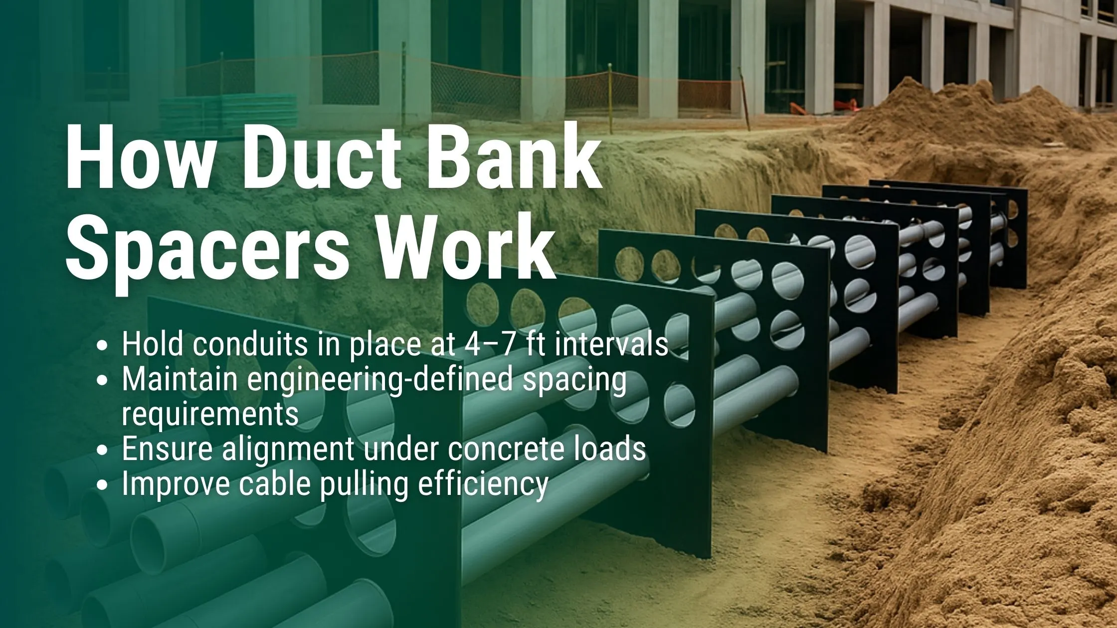 Infographic showing how duct bank spacers support and separate conduits inside a concrete-encased duct bank